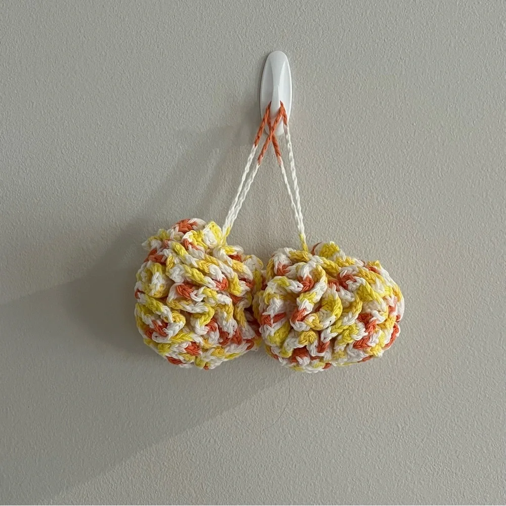 Set of 2 Crochet Yellow/Orange/White Eco-Friendly Bath Loofahs with Hanging Loop